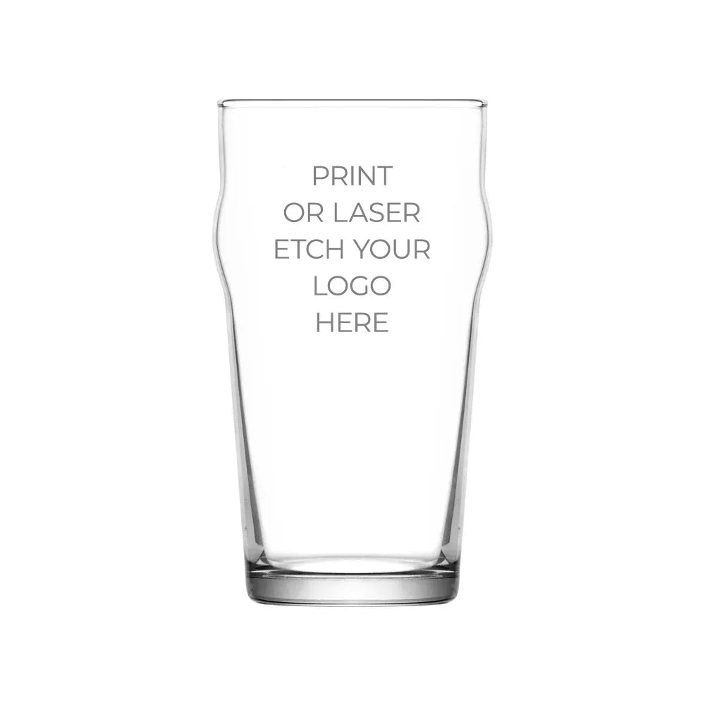 Pint beer glass can be laser etched with your logo for promotional purposes.